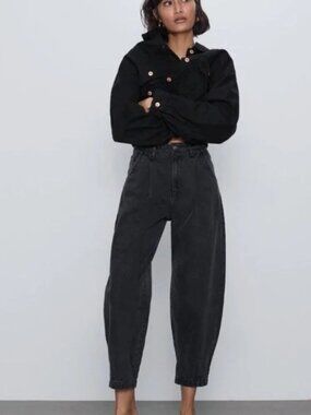 Zara Washed Out Faded Black Pleated High Rise Slouch Barrel Jeans 10